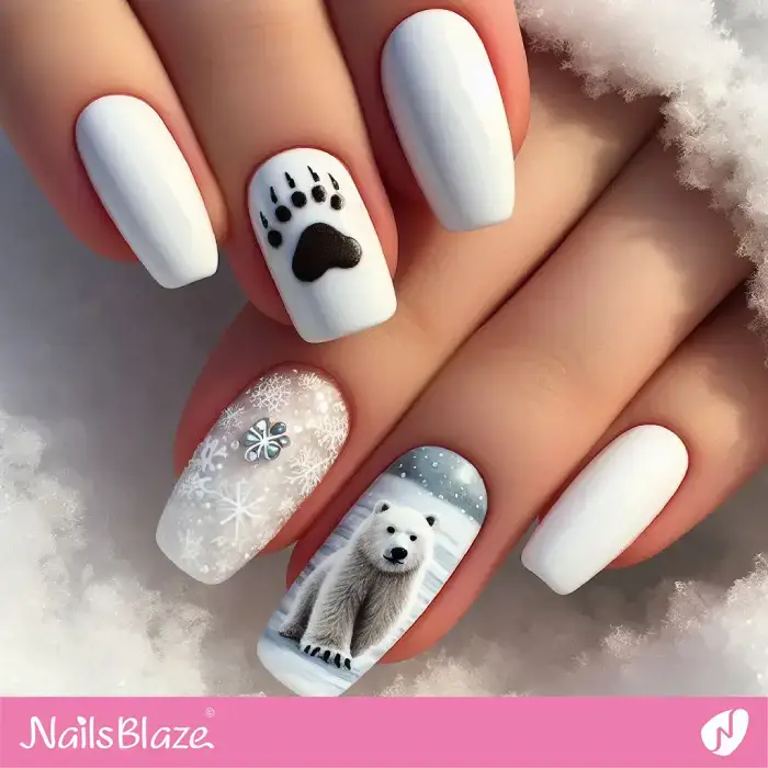 Snowy Nails with Bear Paw Print Design | Polar Wonders Nails - NB3170